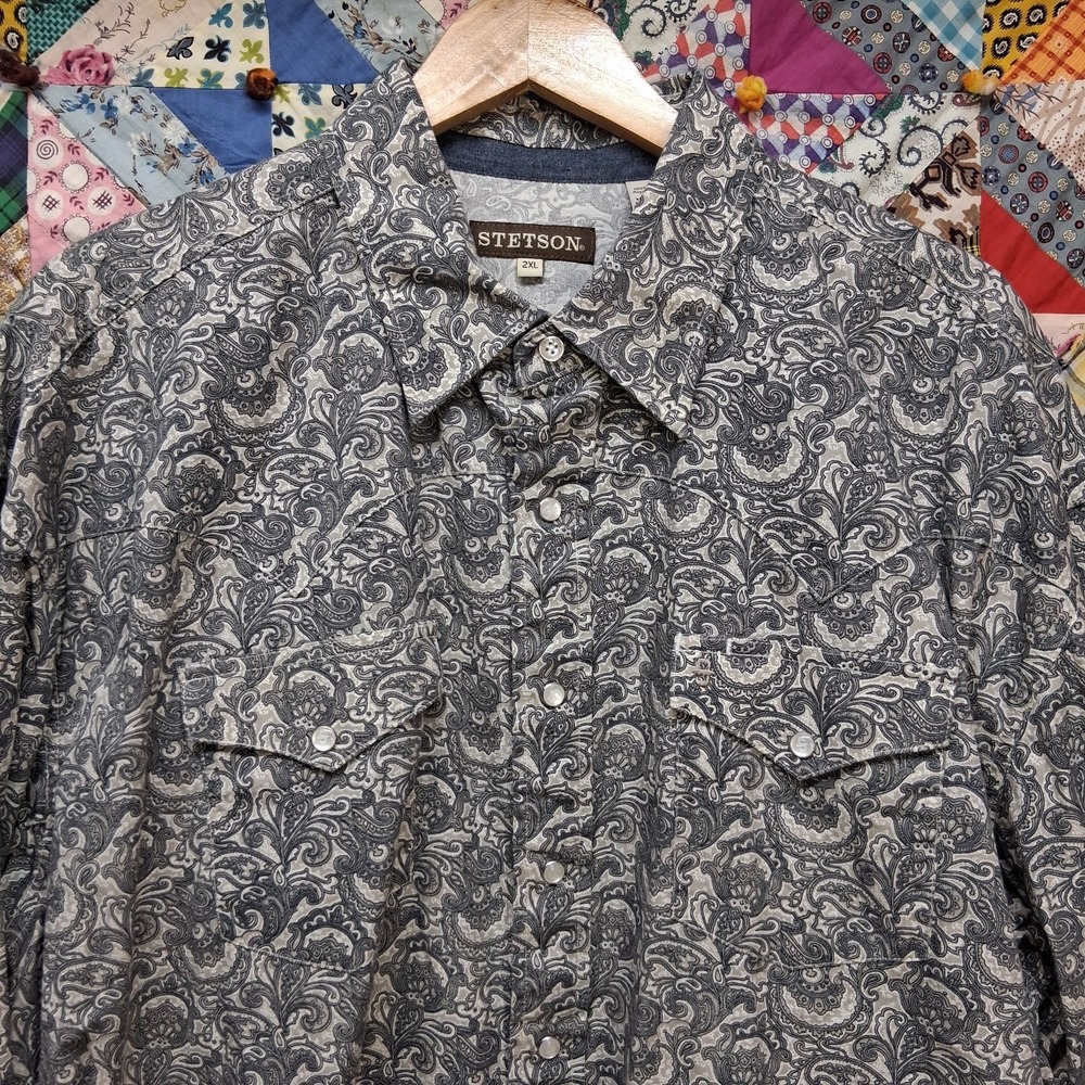 Stetson Mens Monochrome Paisley Pearl Snap Western Shirt Size 2XL Rodeo Cowboy - Picture 2 of 14